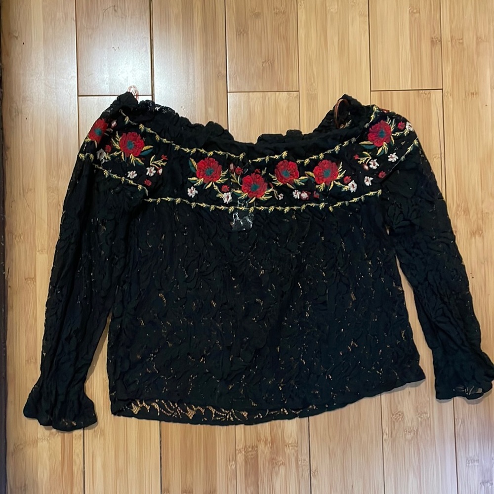 Black Lace Blouse with Floral Detail